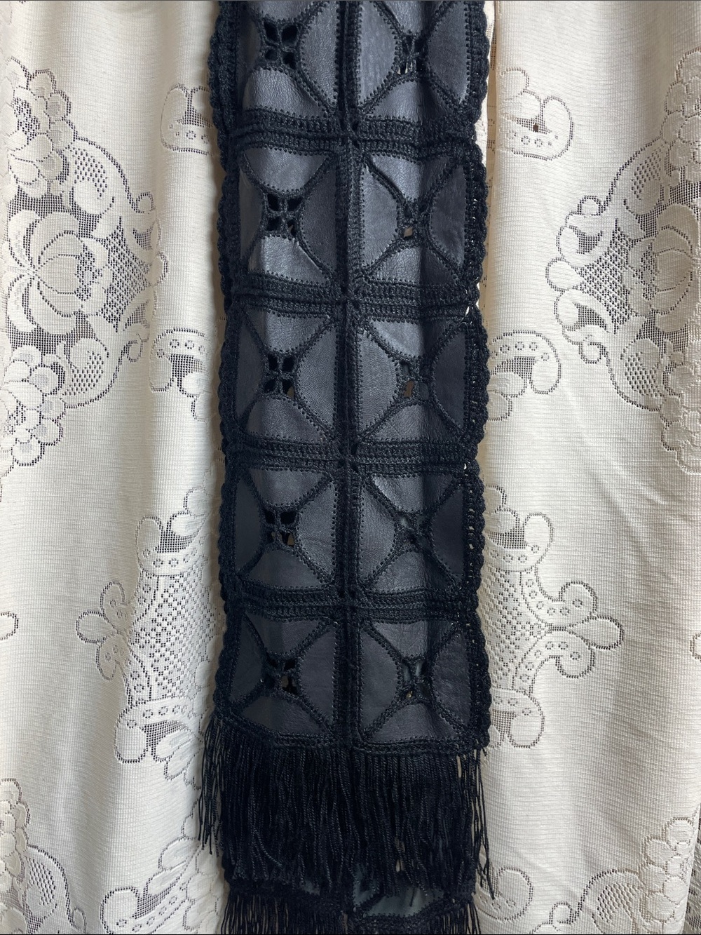 70’s Styled Leather Handcrafted Black Crochet Fringe Wrap Scarf - Picture 1 of 7